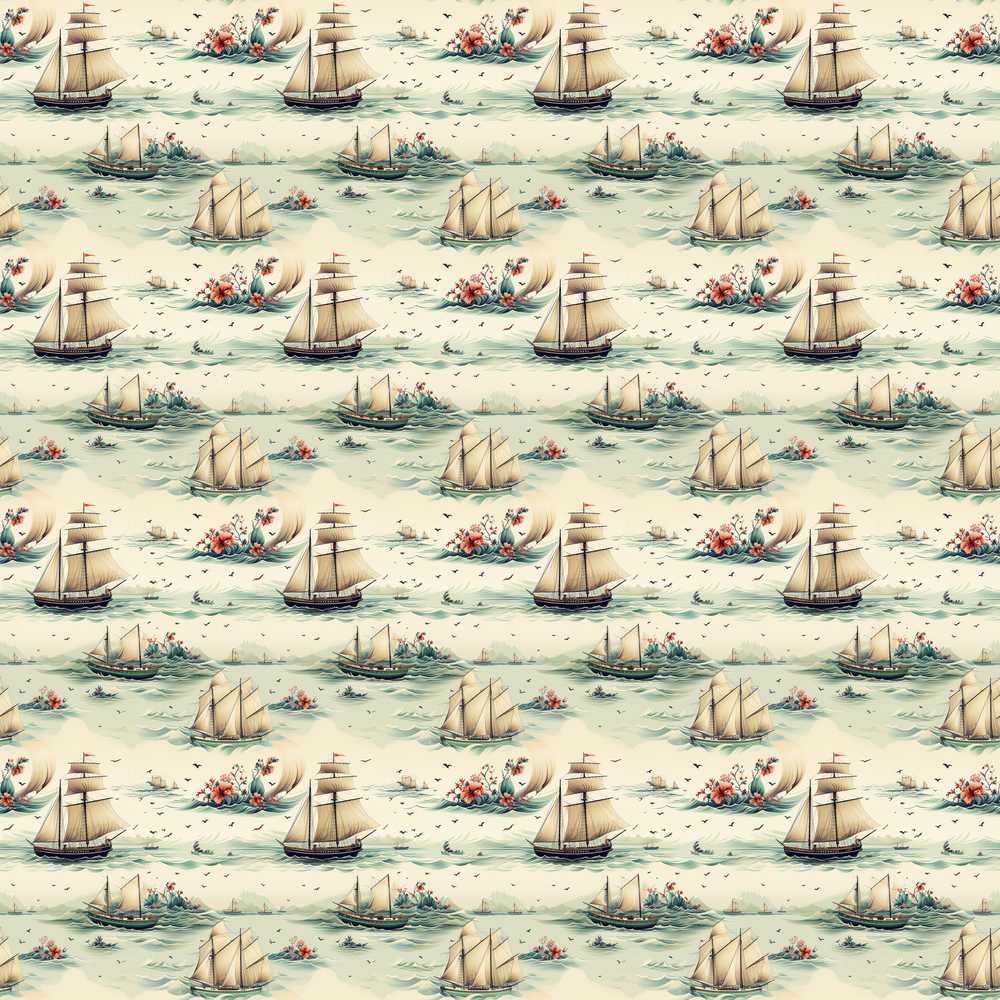 Classic Sailing Ships Sea Waves Coastal Illustration Pattern