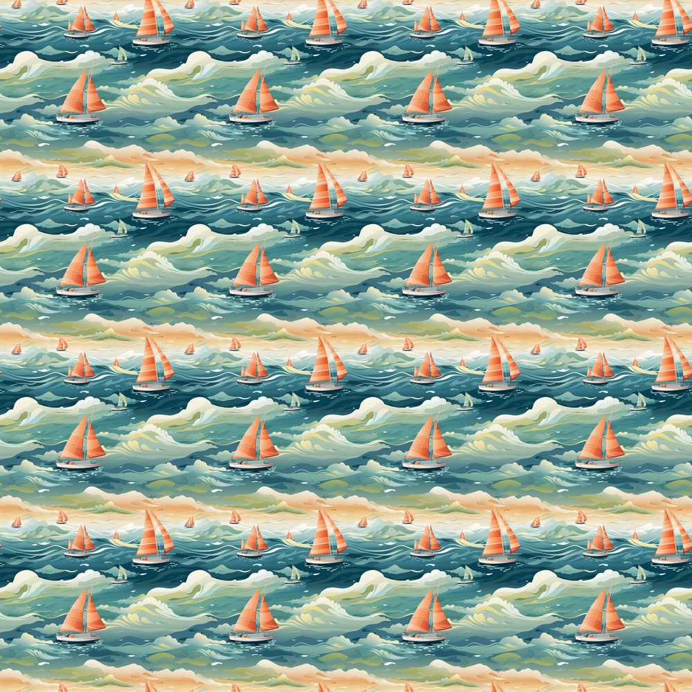 Orange Sailboats Ocean Waves Coastal Illustration Pattern Design