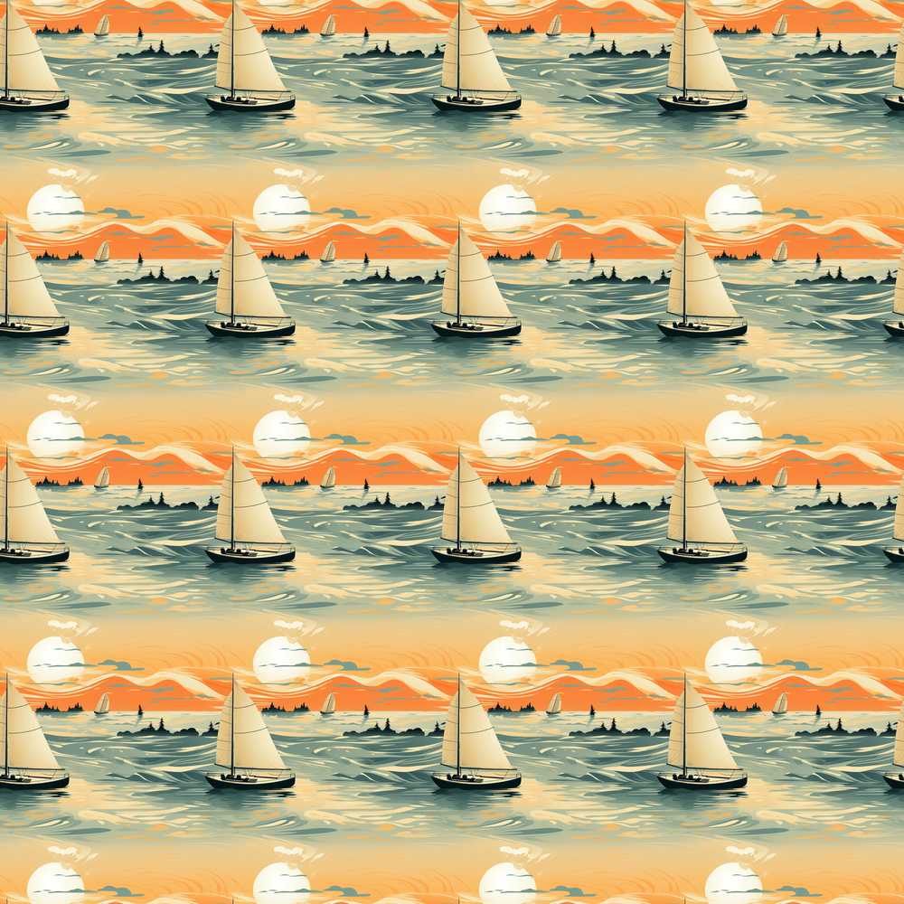 Sunset Sailing Boats Calm Sea Coastal Illustration Pattern
