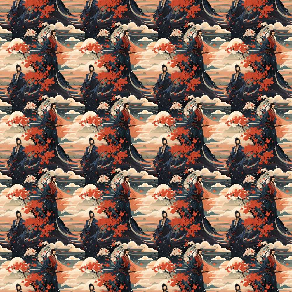 Japanese Samurai Autumn Landscape Decorative Repeat Pattern Design