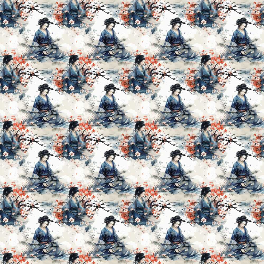 Japanese Woman Kimono Cherry Blossom Wildflower Pattern Botanical