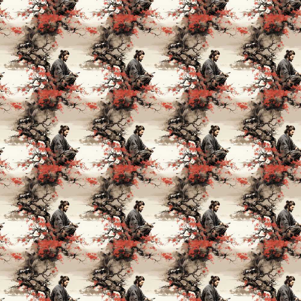 Samurai Warrior Red Blossom Tree Wildflower Pattern Botanical