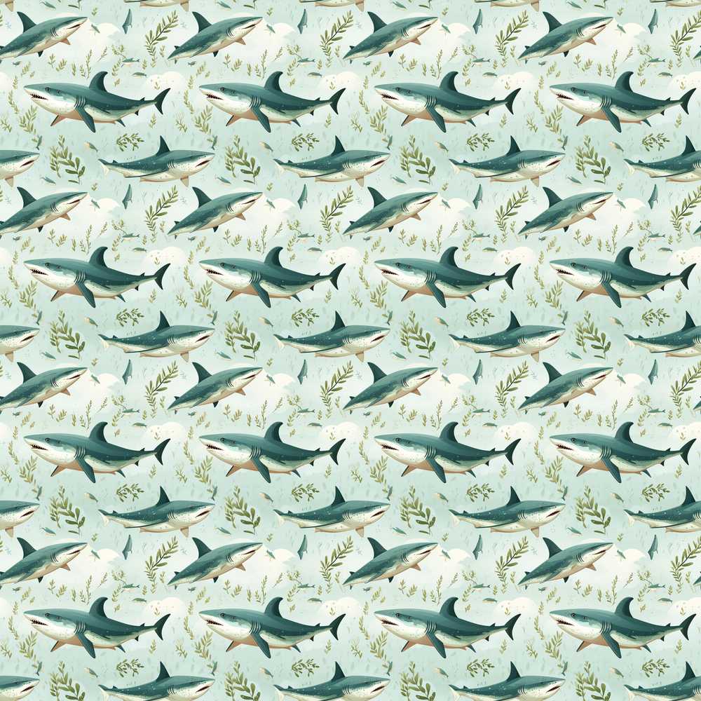 Cute Sharks Ocean Seaweed Coastal Illustration Pattern Design