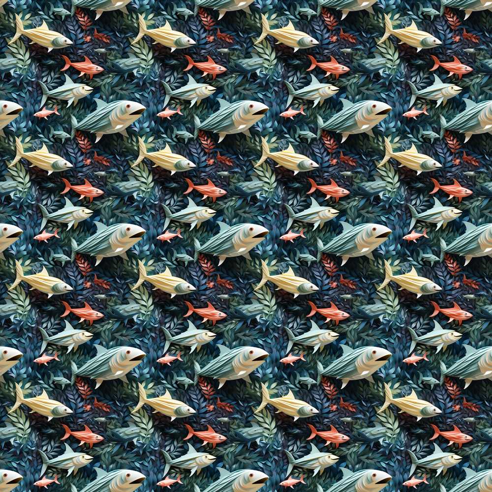 Colorful Tropical Fish Dense Foliage Coastal Illustration Pattern