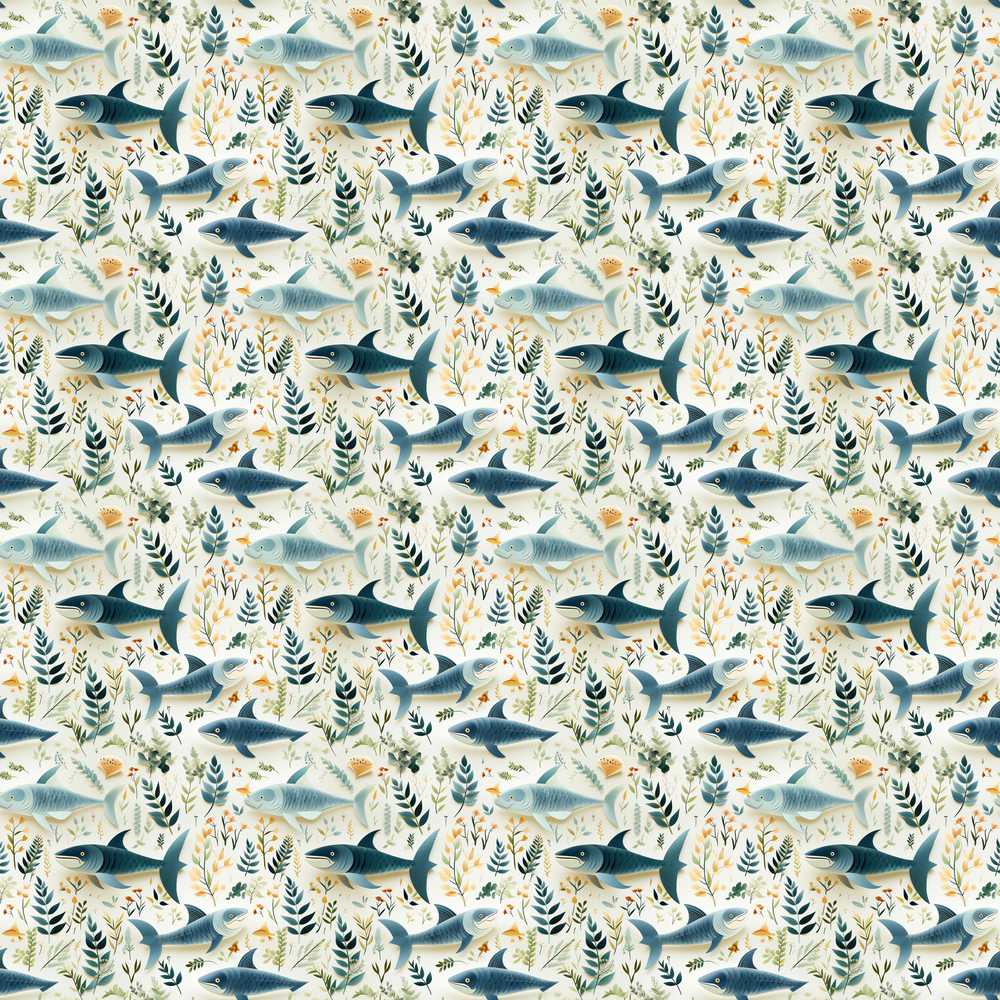Blue Fish Botanical Wildflower Pattern Decorative Illustration