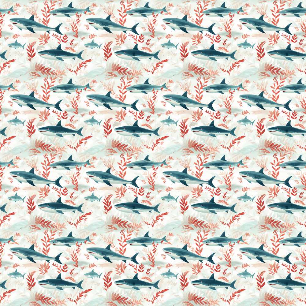 Sharks Red Seaweed Ocean Coastal Illustration Pattern Design