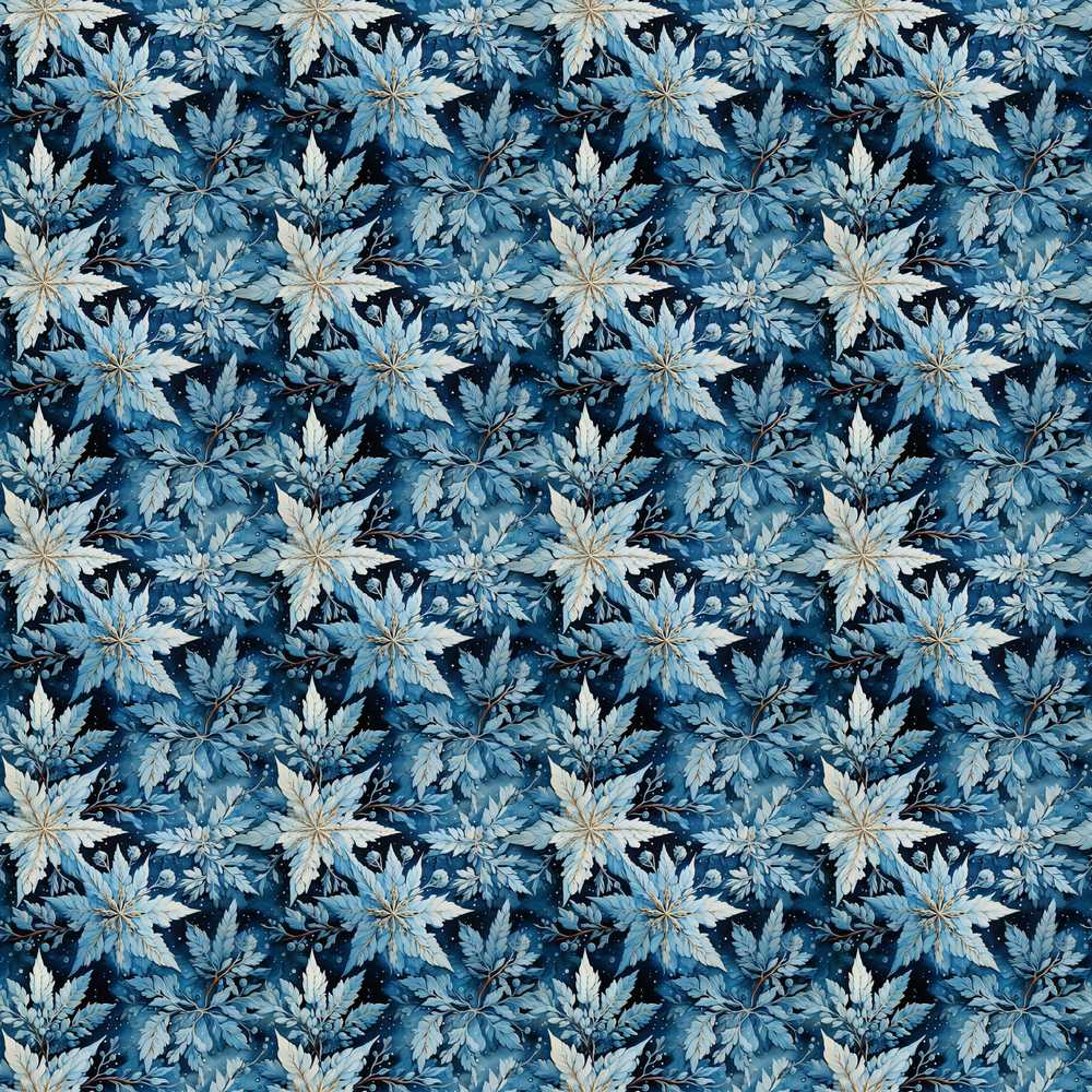 Blue Winter Leaves Snowflake Wildflower Pattern Botanical