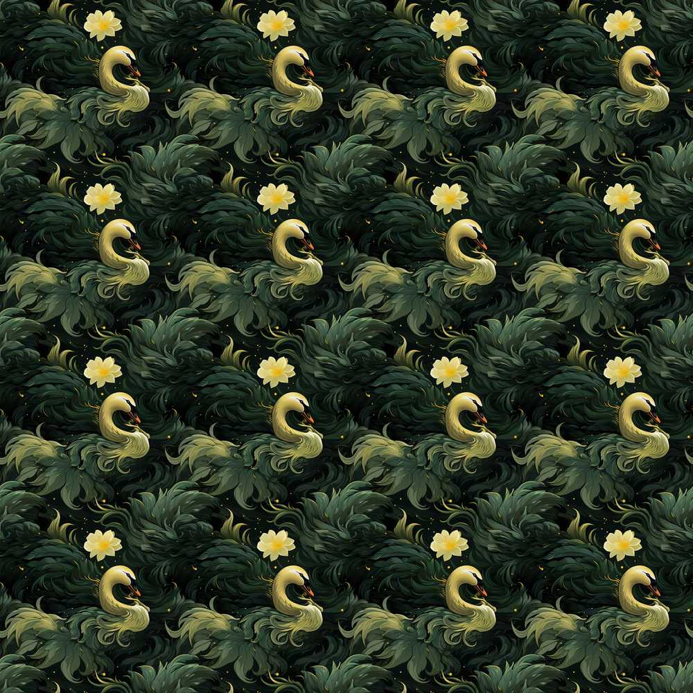 Golden Swan Dark Leaves Floral Night Wildflower Pattern Botanical