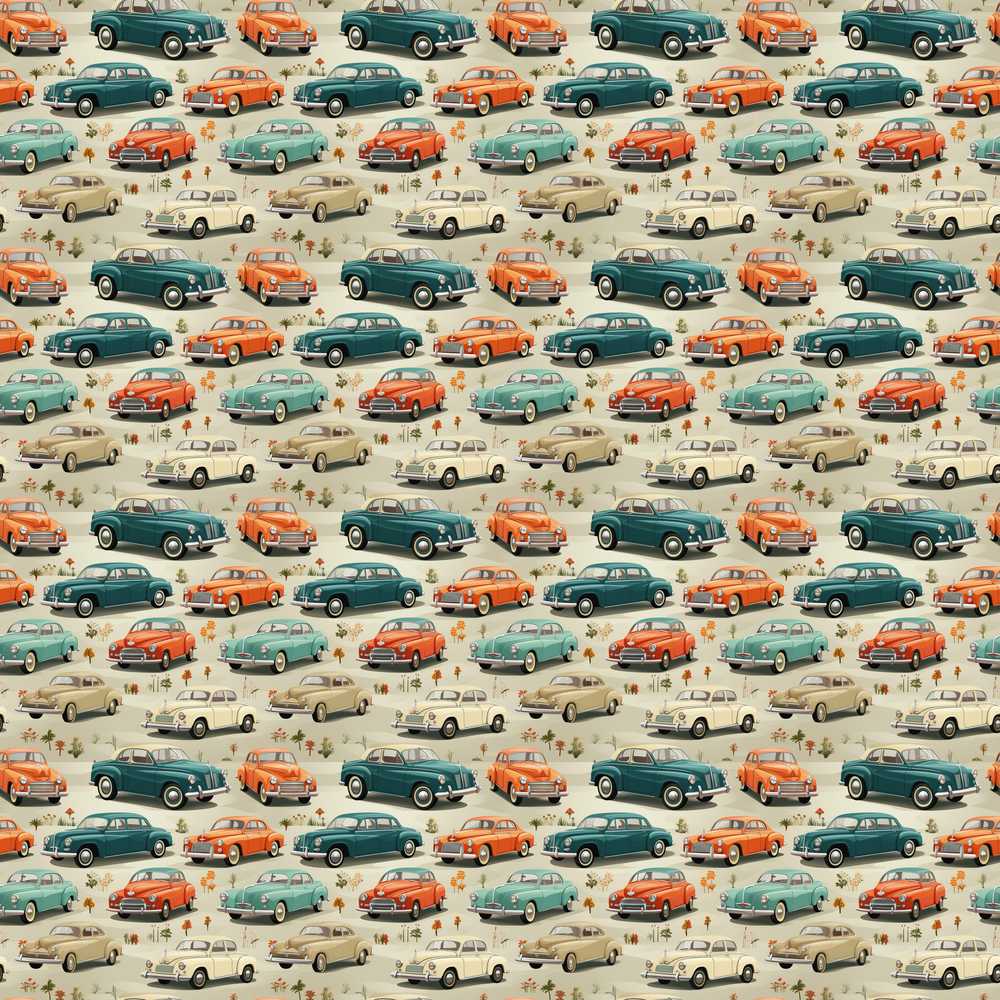 Colorful Classic Cars with Floral Detail Wildflower Pattern Botanical