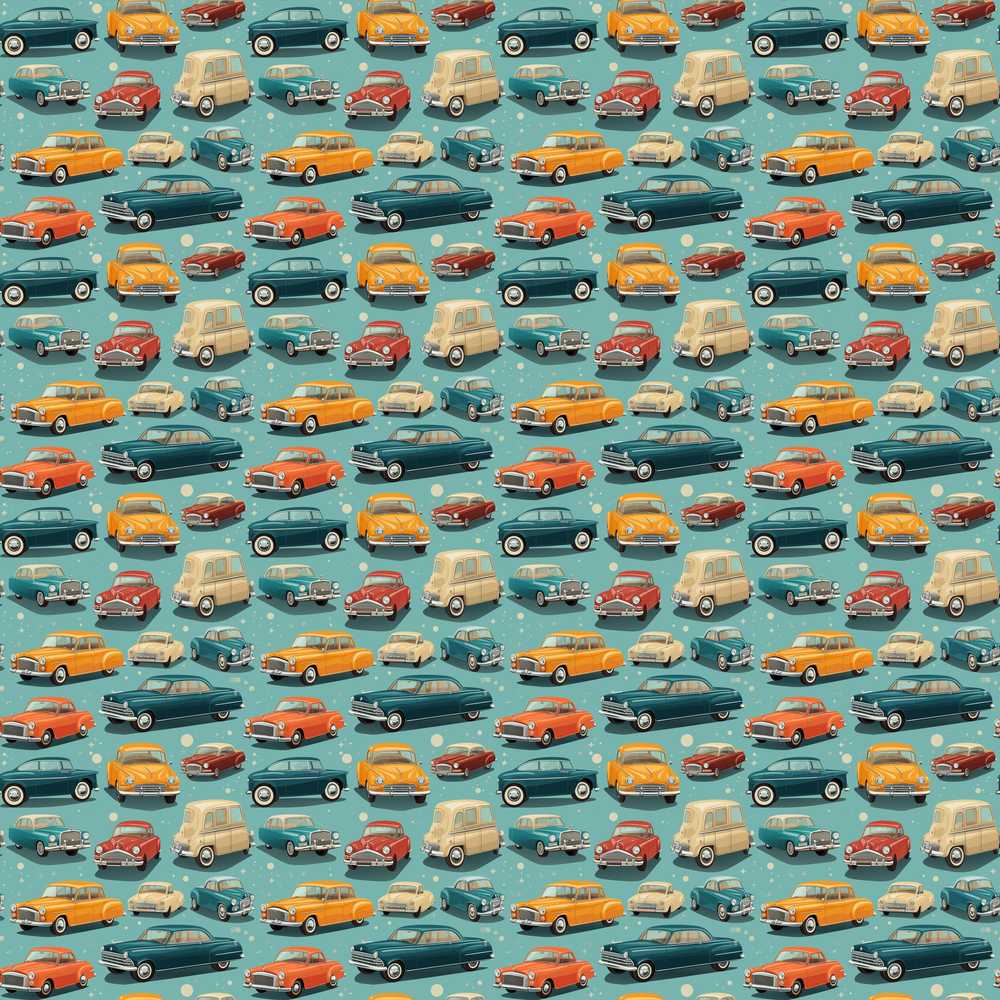 Colorful Vintage Cars Blue Background Decorative Repeat Pattern