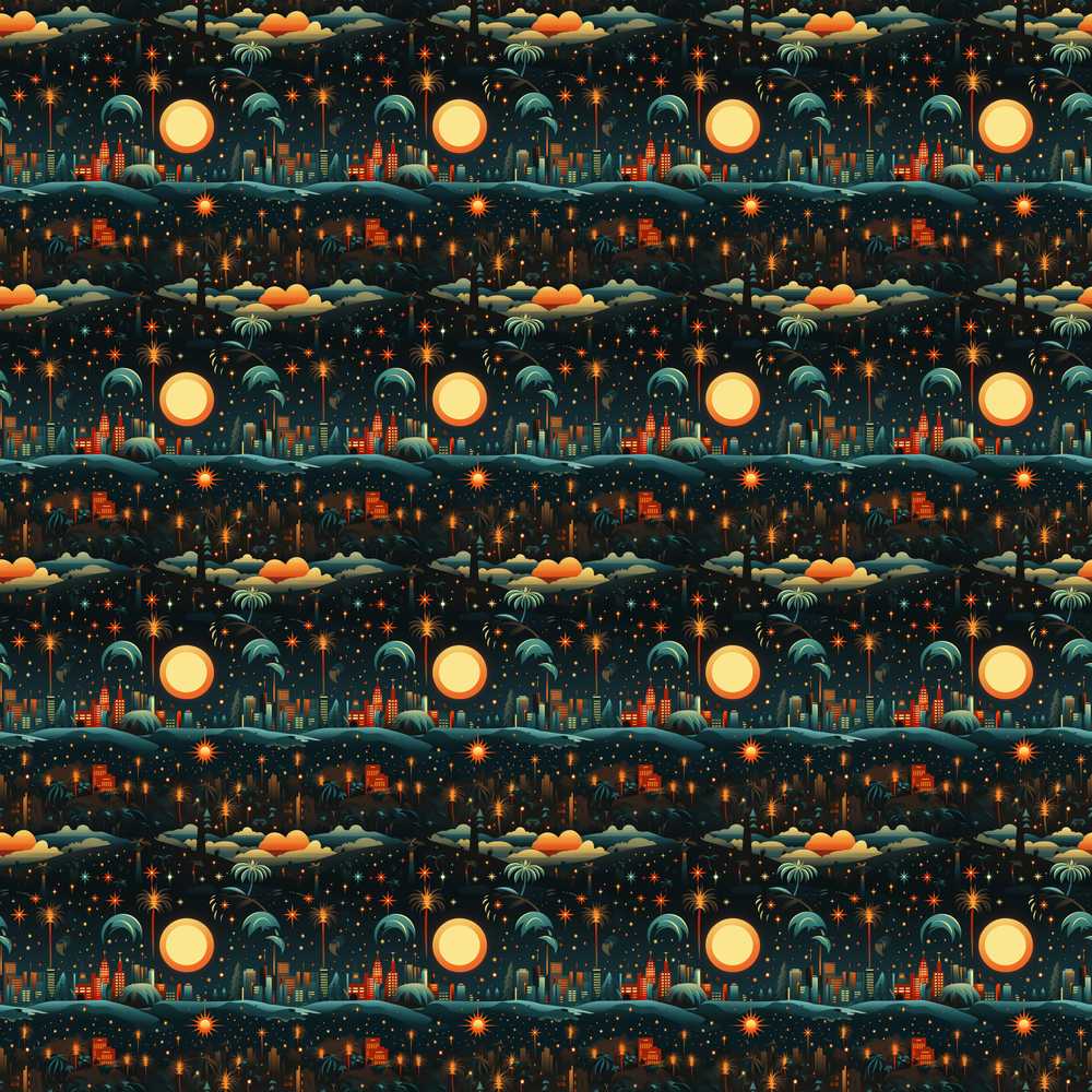 Night City Skyline Fireworks Moonlit Sky Decorative Repeat