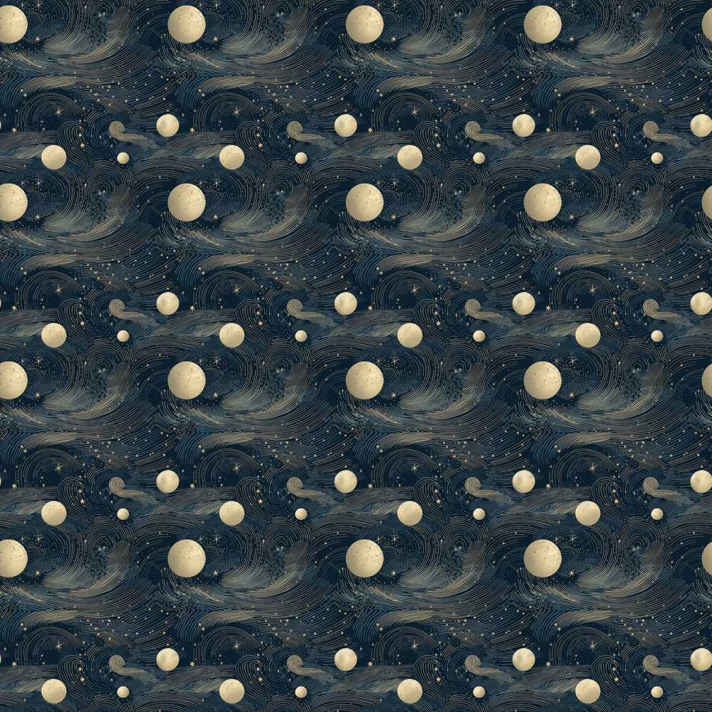 Vintage Celestial Waves Planets Night Sky Cosmic Illustration