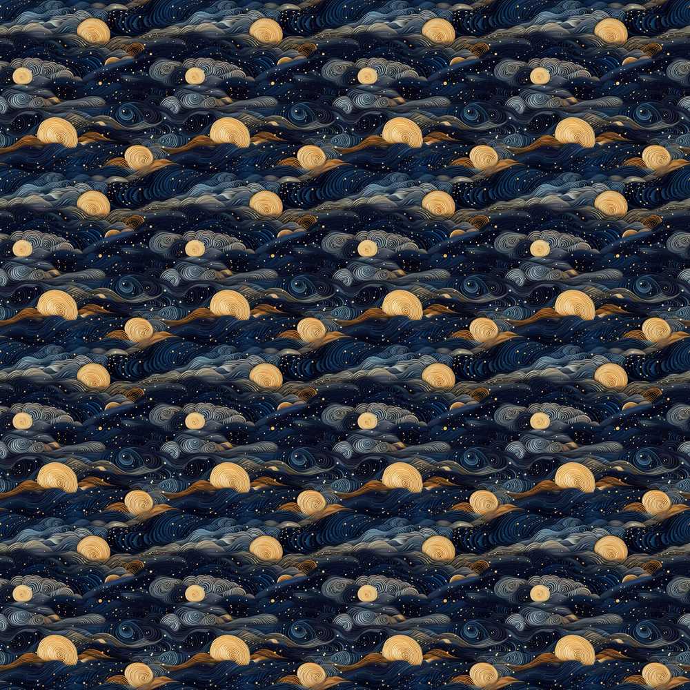 Golden Moon Ocean Waves Abstract Night Cosmic Illustration