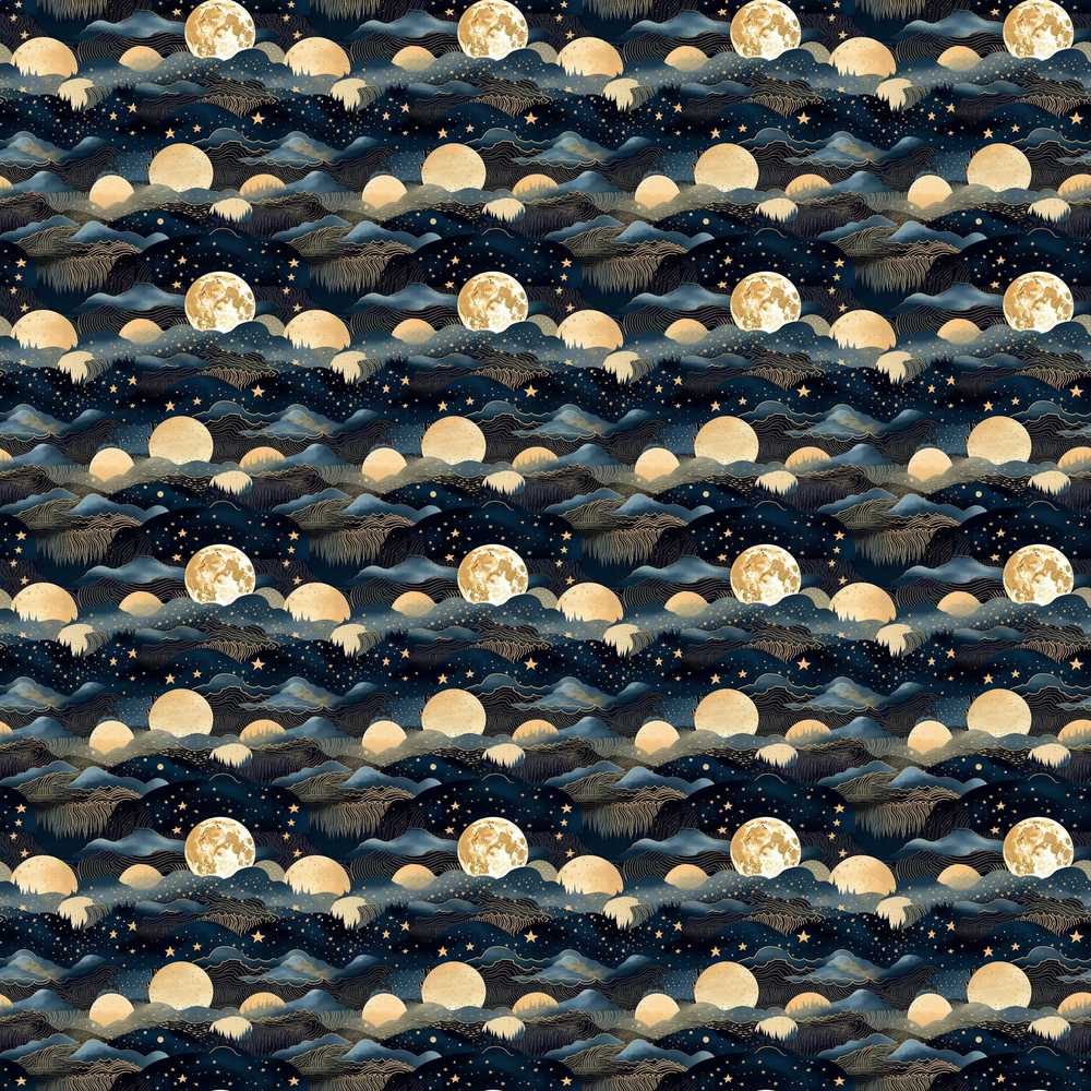 Full Moon Mountain Landscape Starry Sky Cosmic Illustration