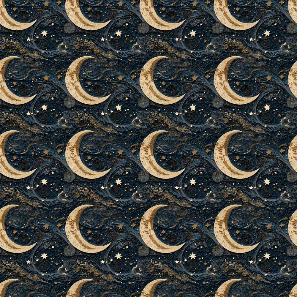 Ornate Crescent Moon Stars Celestial Cosmic Illustration Pattern