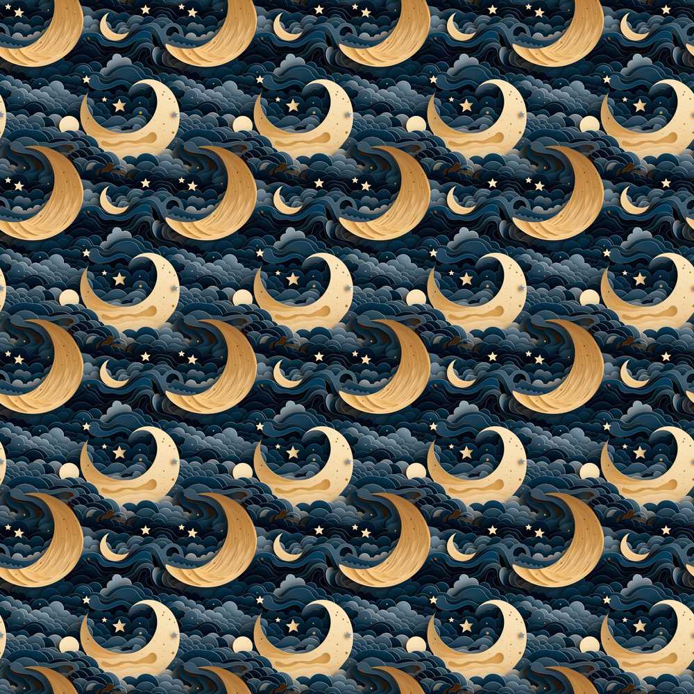 Golden Crescent Moon Ocean Waves Night Cosmic Illustration