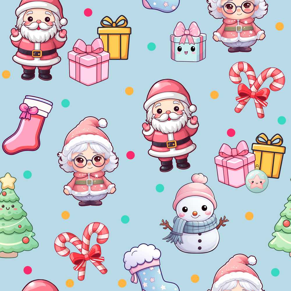 Cute Kawaii Santa Snowman Gift Characters Blue Festive