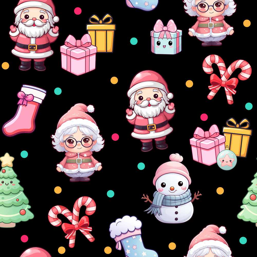 Cute Kawaii Santa Snowman Gift Characters Black Festive