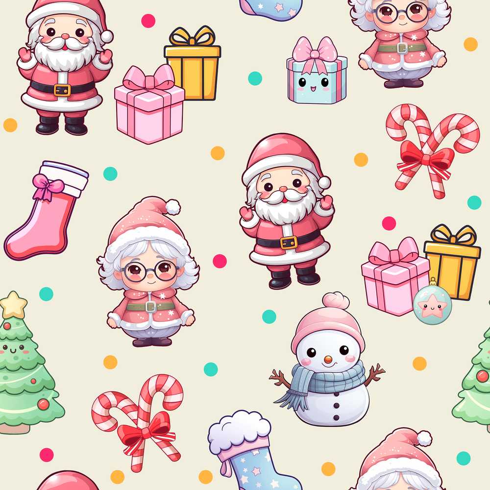 Cute Kawaii Santa Snowman Gift Characters Cream Background