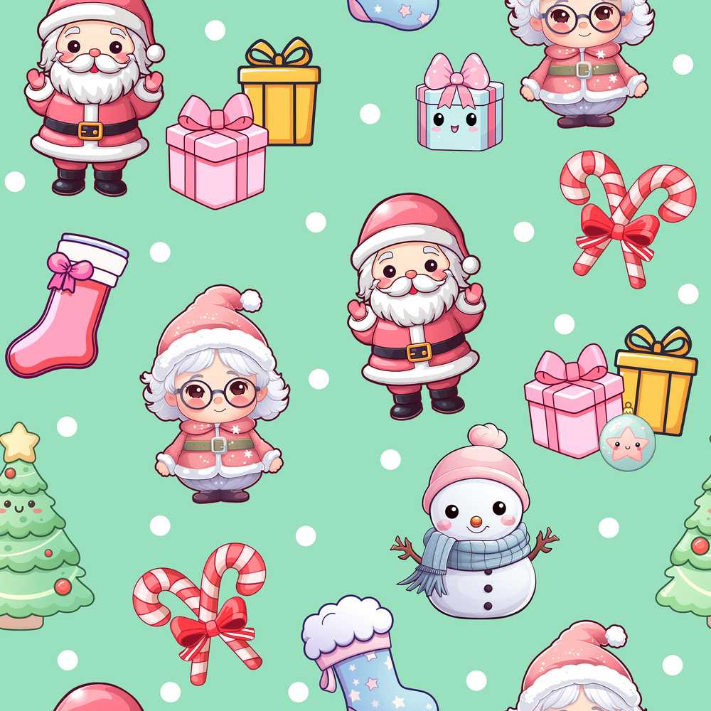 Cute Kawaii Santa Snowman Gift Characters Mint Green Background