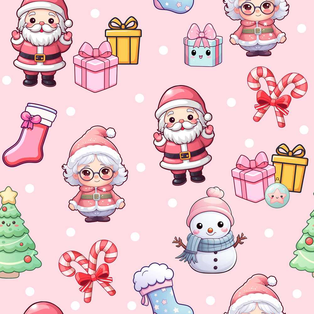Cute Kawaii Santa Snowman Gift Characters Soft Pink Background
