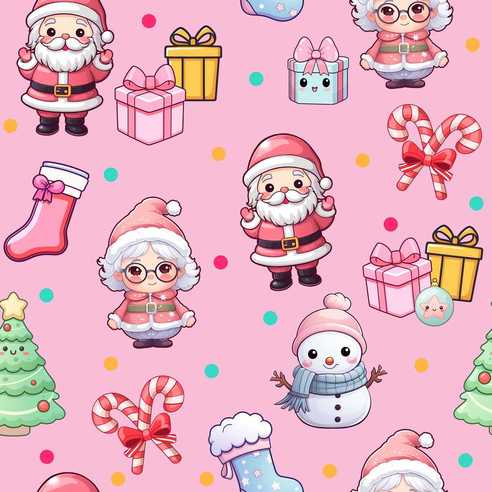 Cute Kawaii Santa Snowman Gift Characters Pink Background