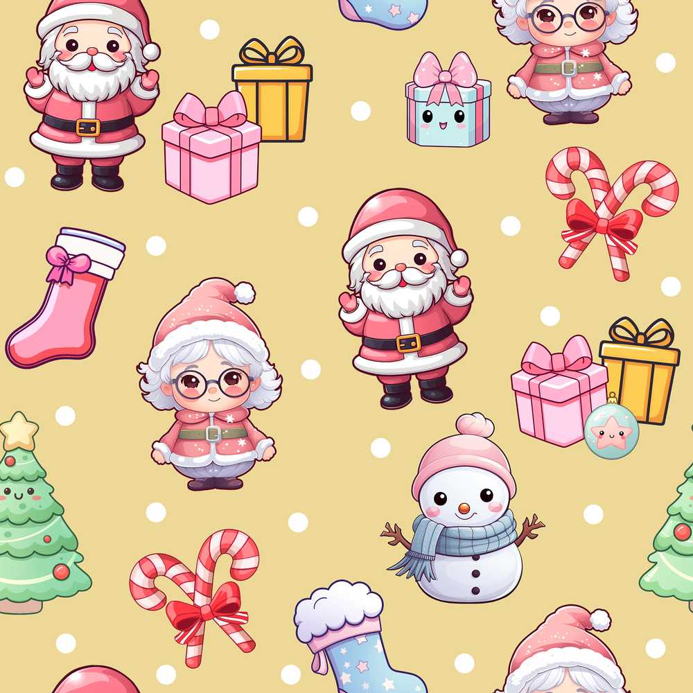 Cute Kawaii Santa Snowman Gift Characters Warm Beige Background