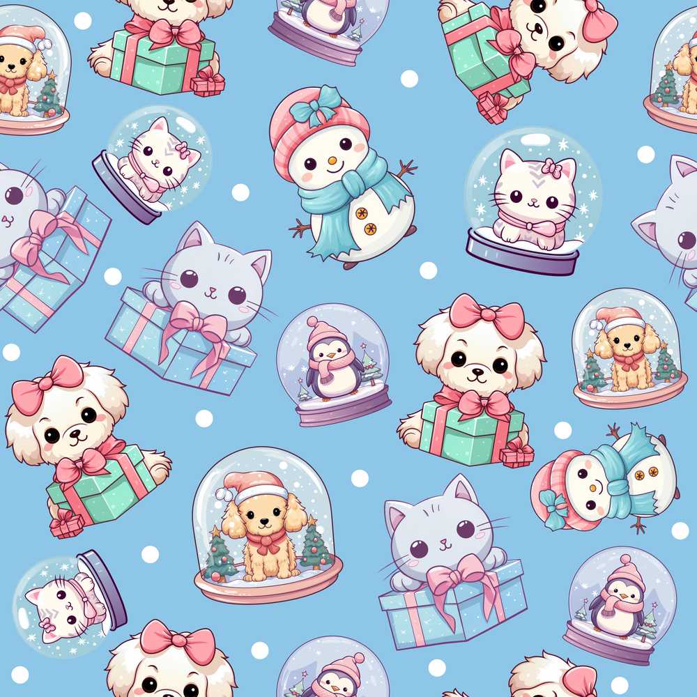 Cute Kawaii Christmas Pets Snow Globe Gifts Blue Background