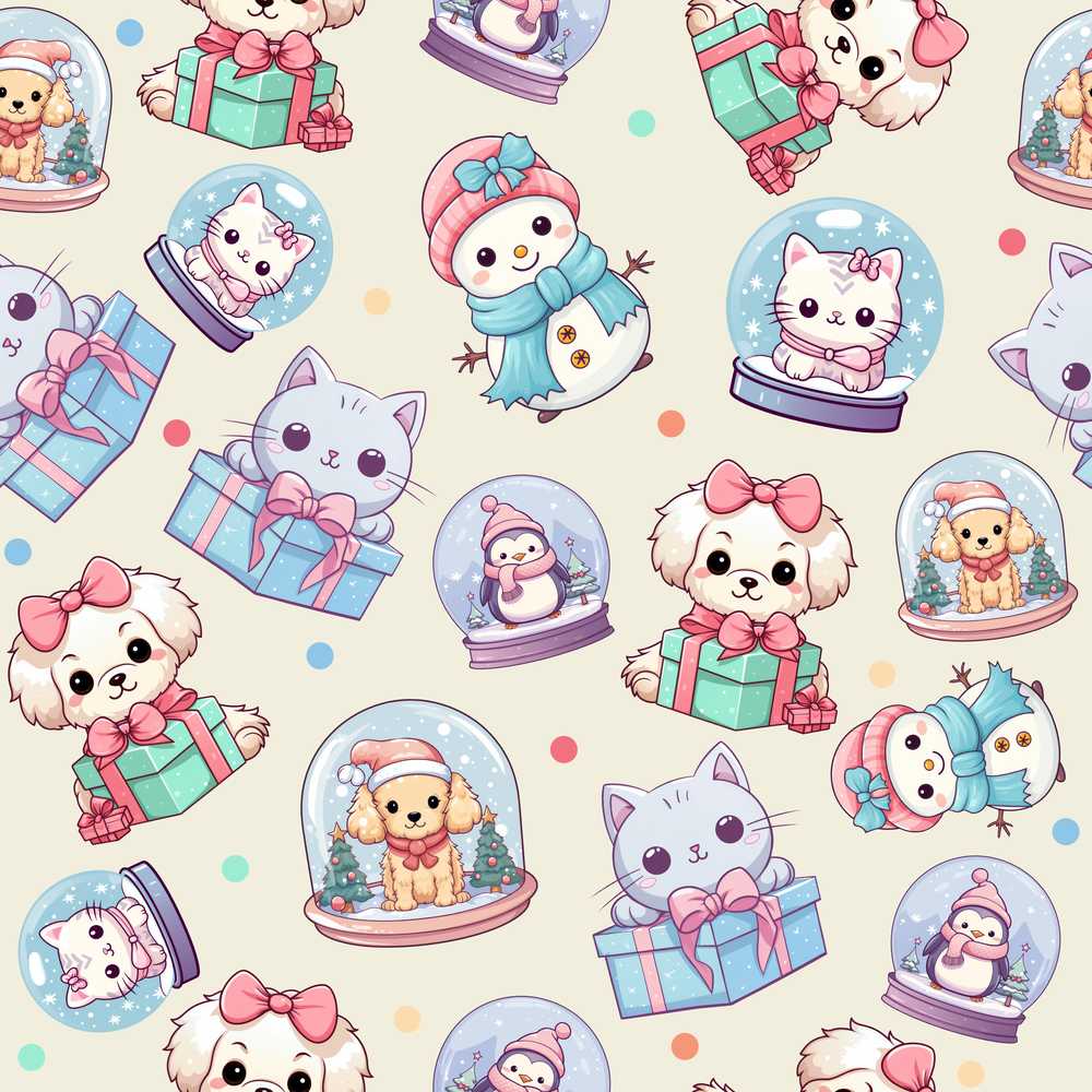 Cute Kawaii Christmas Pets Snow Globe Gifts Cream Background