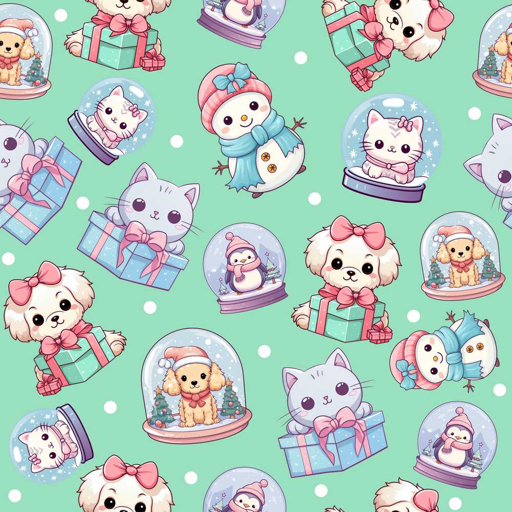 Cute Kawaii Christmas Pets Snow Globe Gifts Mint Background