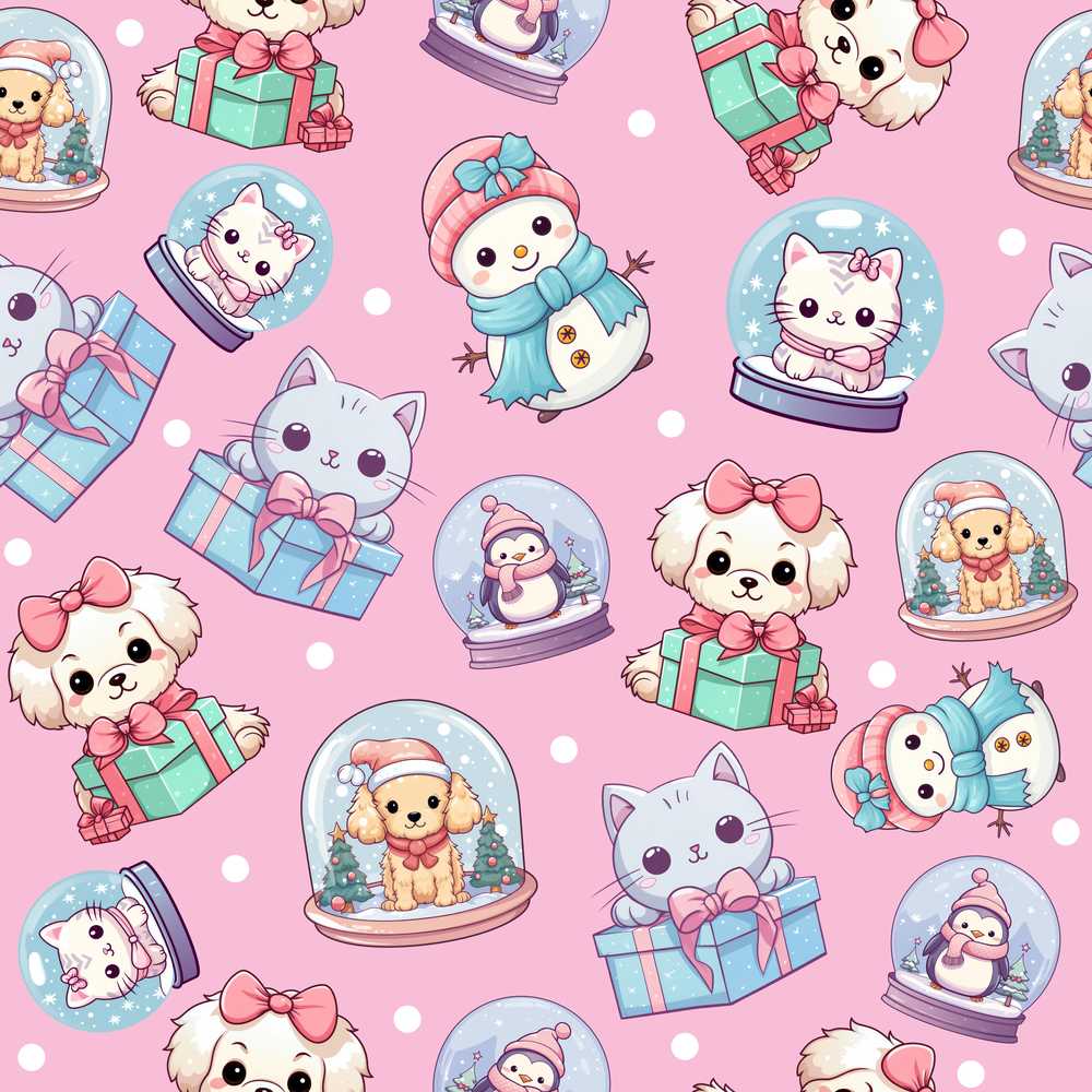 Cute Kawaii Christmas Pets Snow Globe Gifts Pink Background