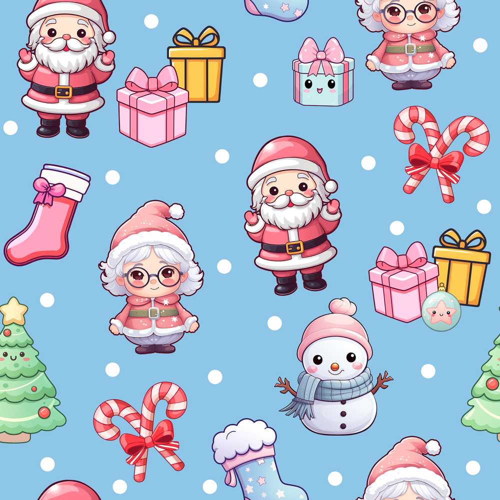 Cute Santa Snowman Gifts Candy Cane Sky Blue Background