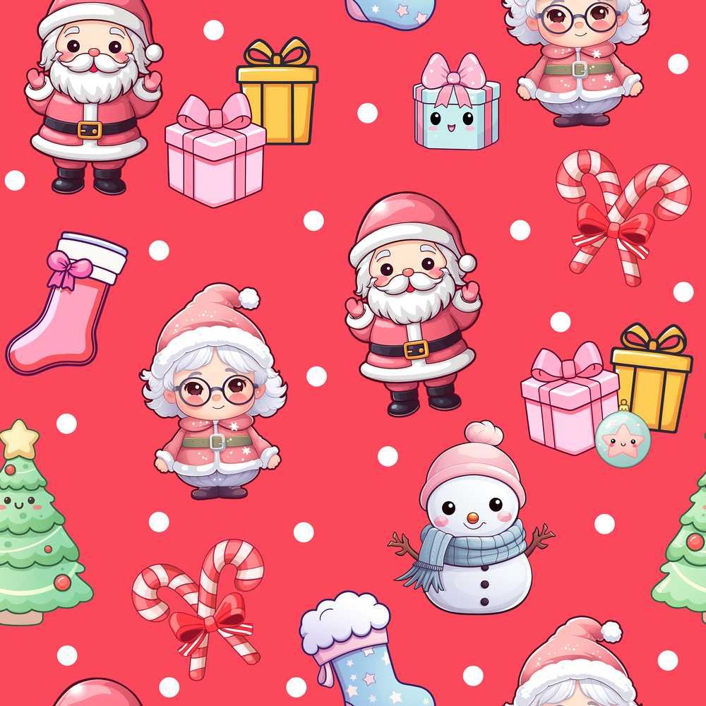 Cute Santa Snowman Gifts Candy Cane Red Background
