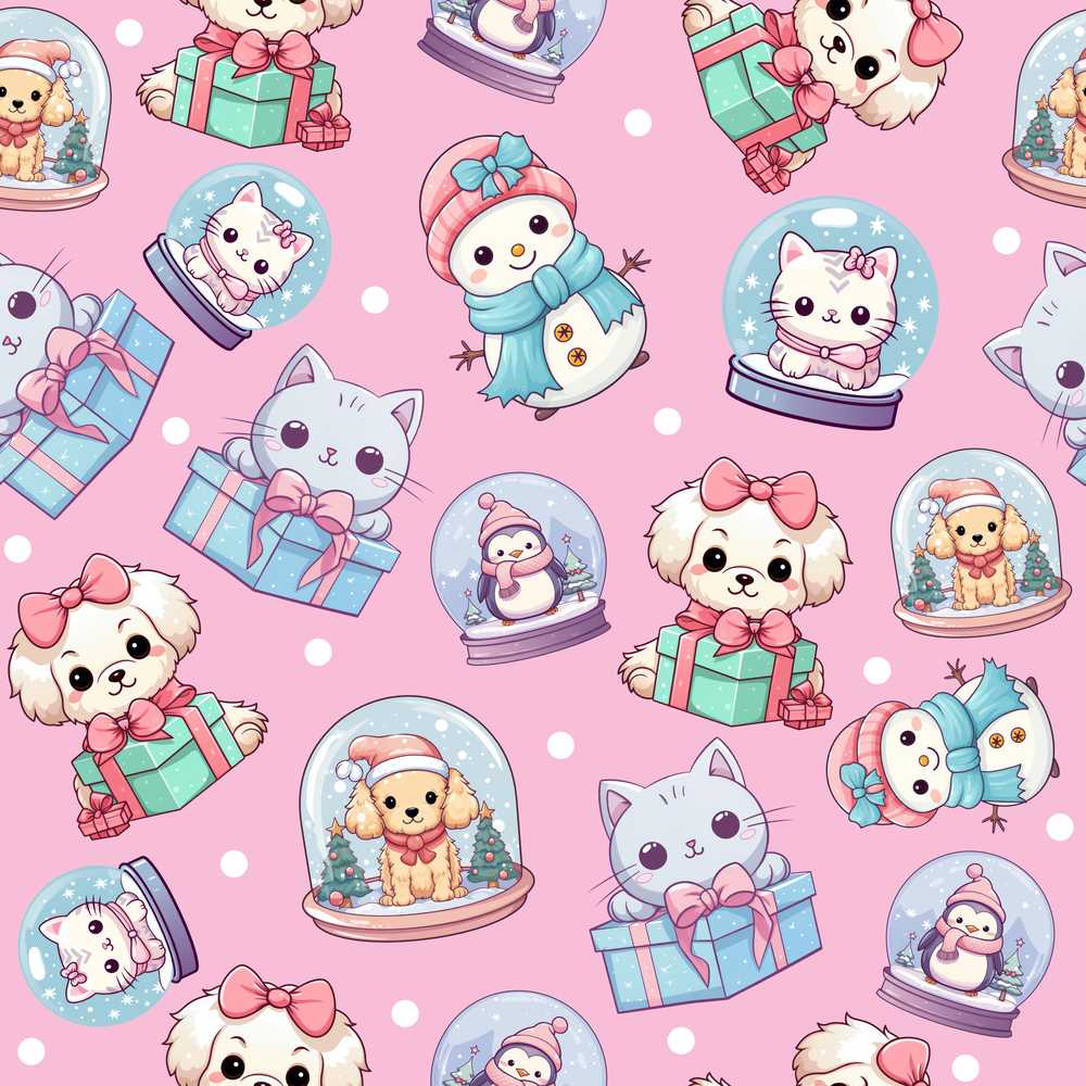 Cute Christmas Kittens Puppies Snow Globes Pink Background