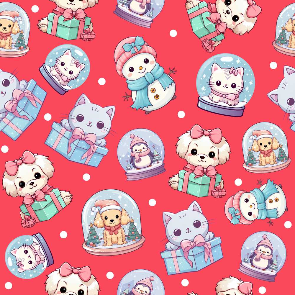 Cute Christmas Kittens Puppies Snow Globes Red Background