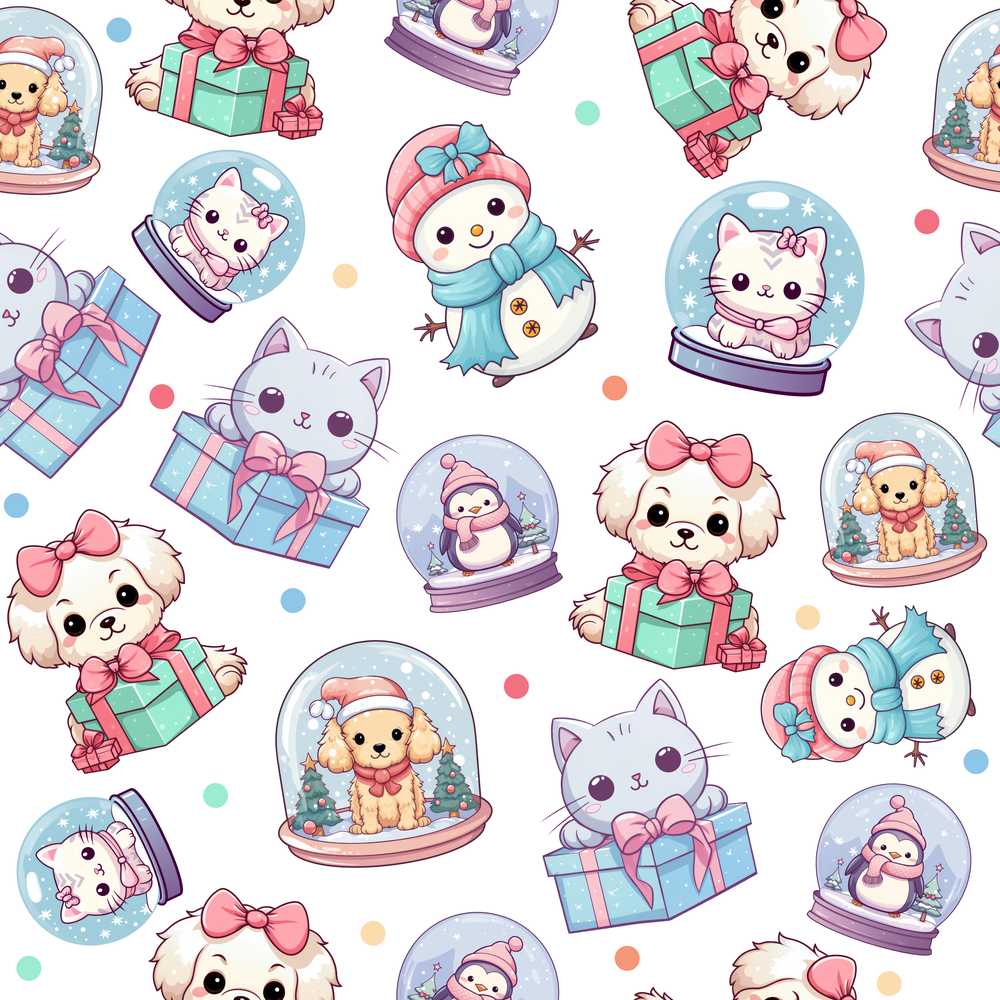 Cute Christmas Kittens Puppies Snow Globes White Background