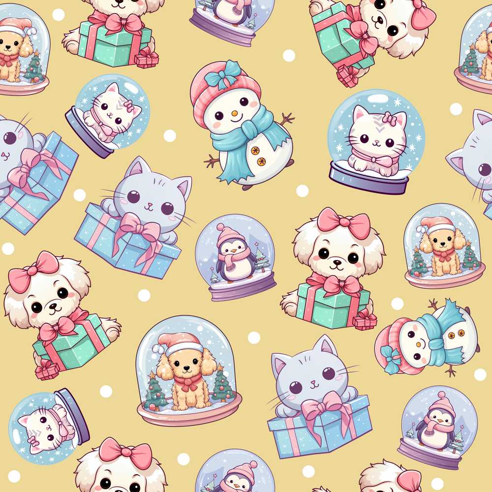 Cute Christmas Kittens Puppies Snow Globes Gold Background