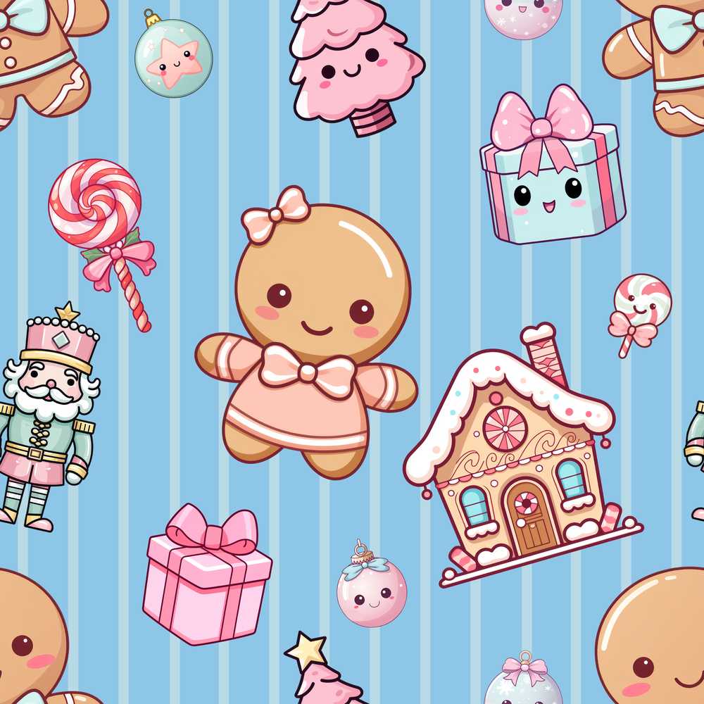 Cute Gingerbread Girl Candy House Sweet Blue Stripe Background
