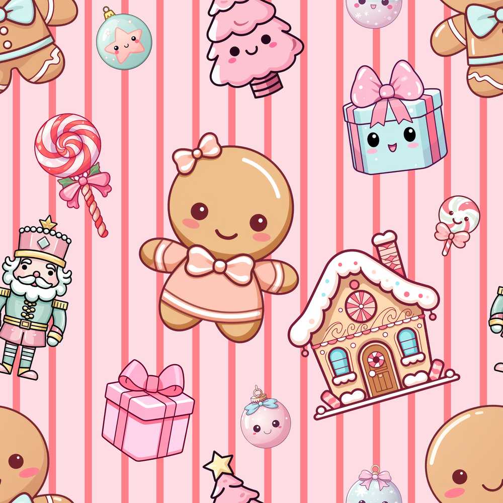 Cute Gingerbread Girl Candy House Sweet Pink Stripe Background