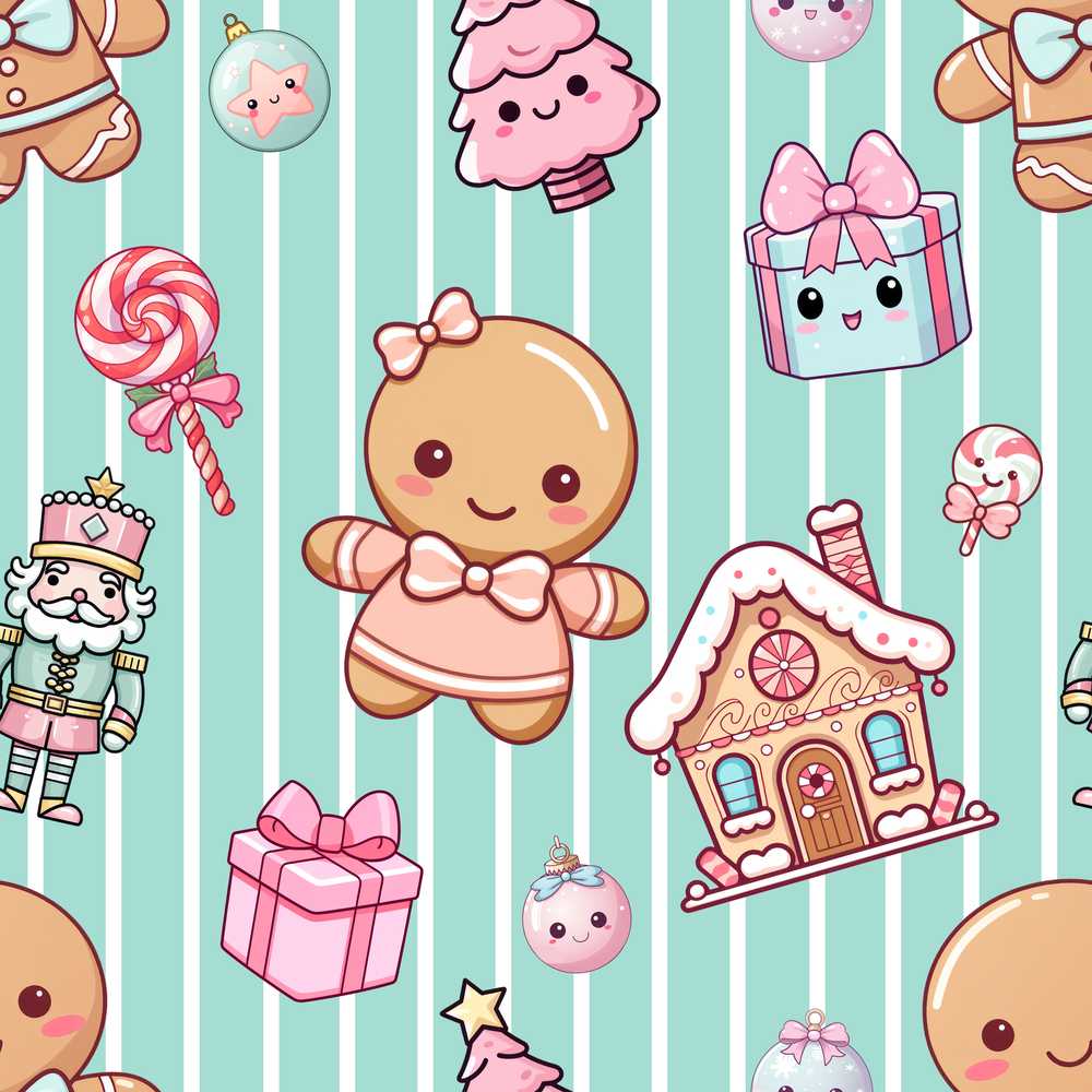 Cute Gingerbread Girl Candy House Sweet Mint Stripe Background