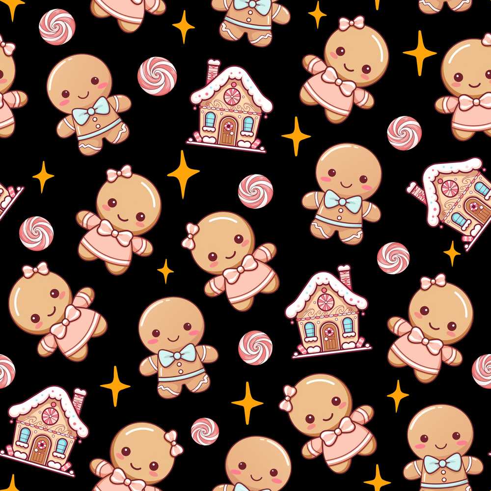 Cute Gingerbread Cookies Candy Stars Black Background Illustration