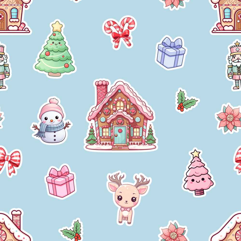 Christmas Gingerbread House Snowman Deer Blue Background Festive