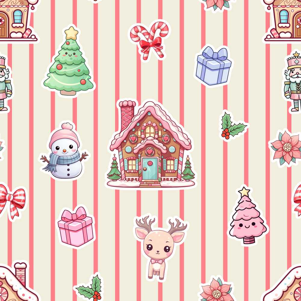 Christmas Gingerbread House Snowman Beige Stripe Background Festive