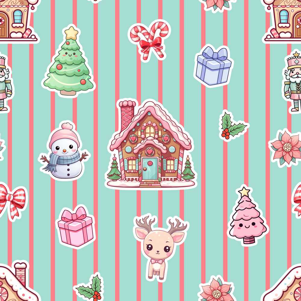 Christmas Gingerbread House Snowman Mint Stripe Background Festive