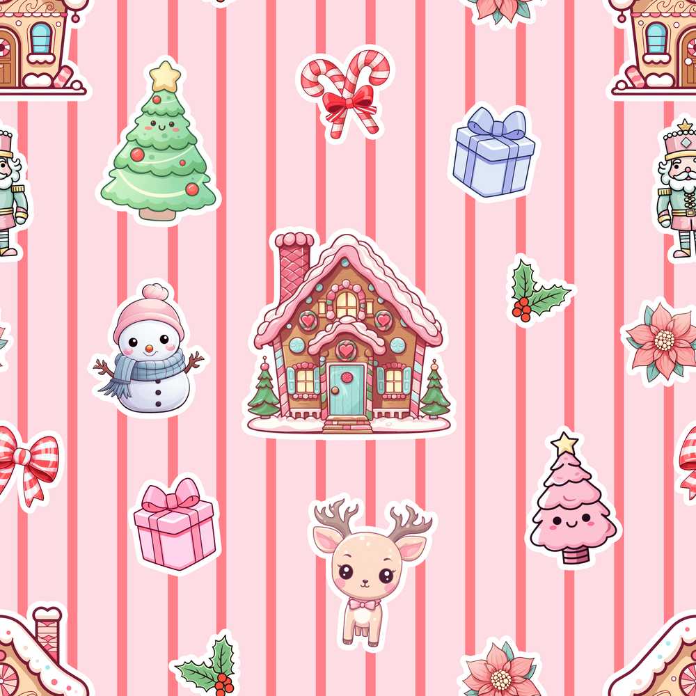 Christmas Gingerbread House Snowman Pink Stripe Background Festive