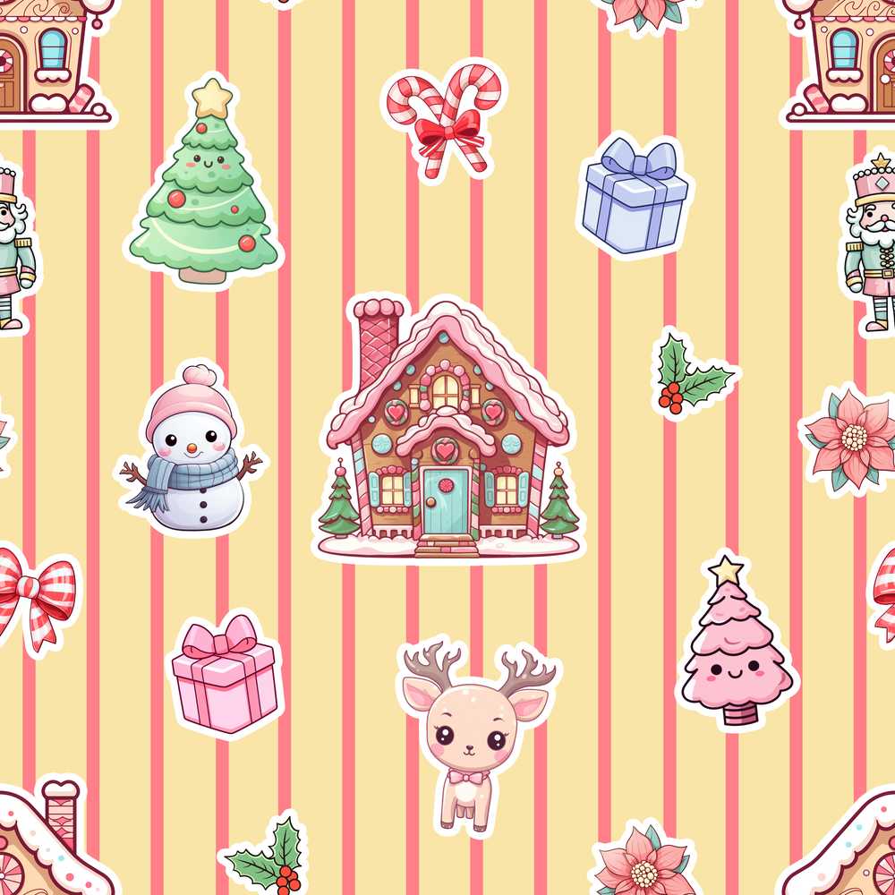 Christmas Gingerbread House Snowman Yellow Stripe Background Festive