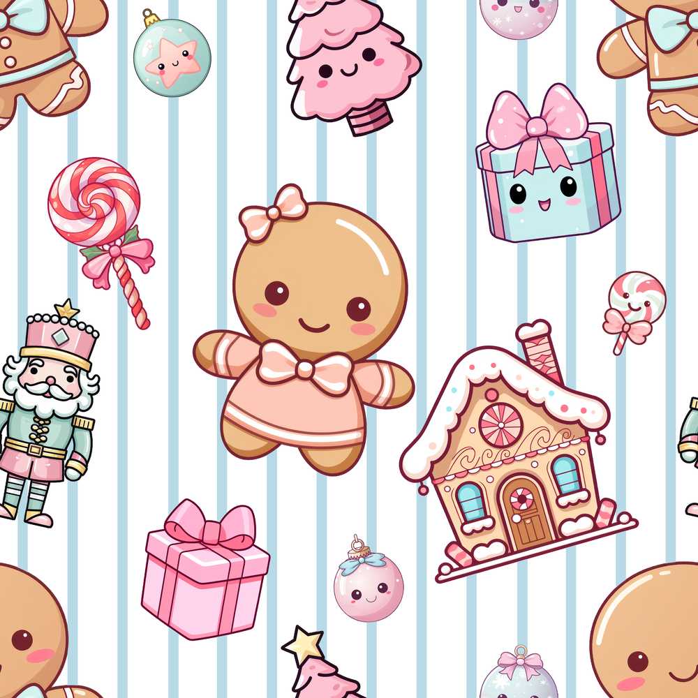 Cute Gingerbread Girl Candy House Blue Stripe Background