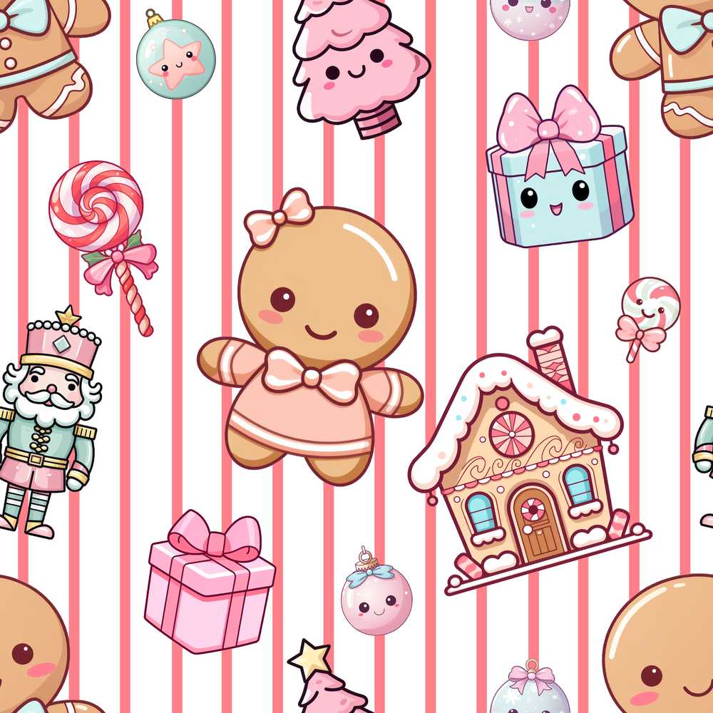 Cute Gingerbread Girl Candy House Pink Stripe Background