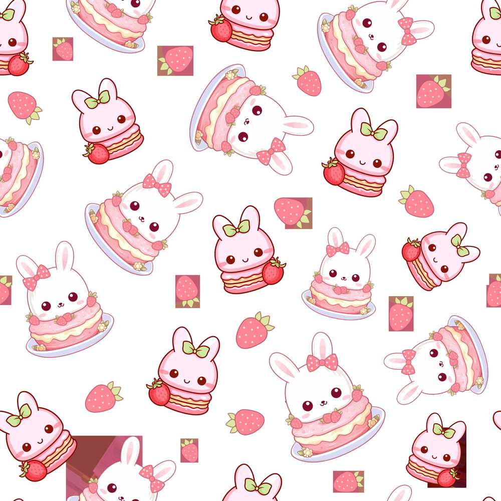 Cute Strawberry Bunny Macaron Dessert Kawaii Sweet Illustration