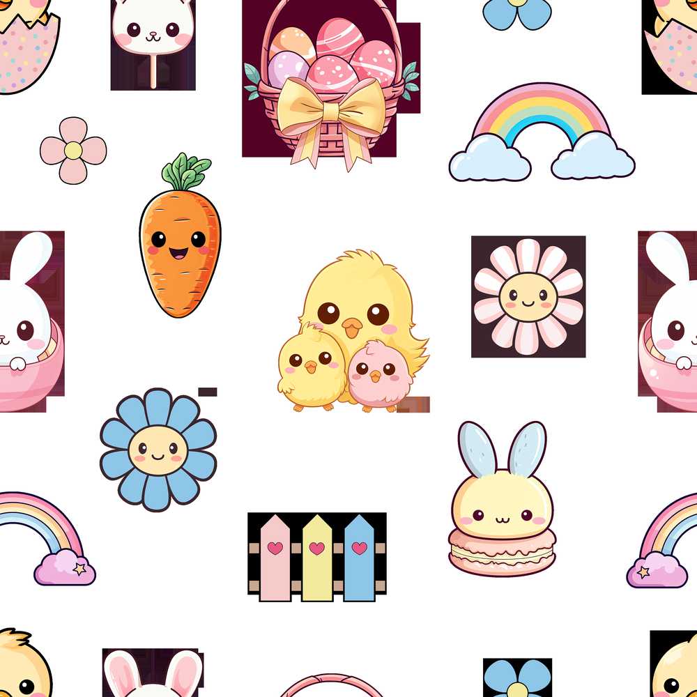 Cute Easter Chick Bunny Flower Fence Pastel Wildflower Pattern